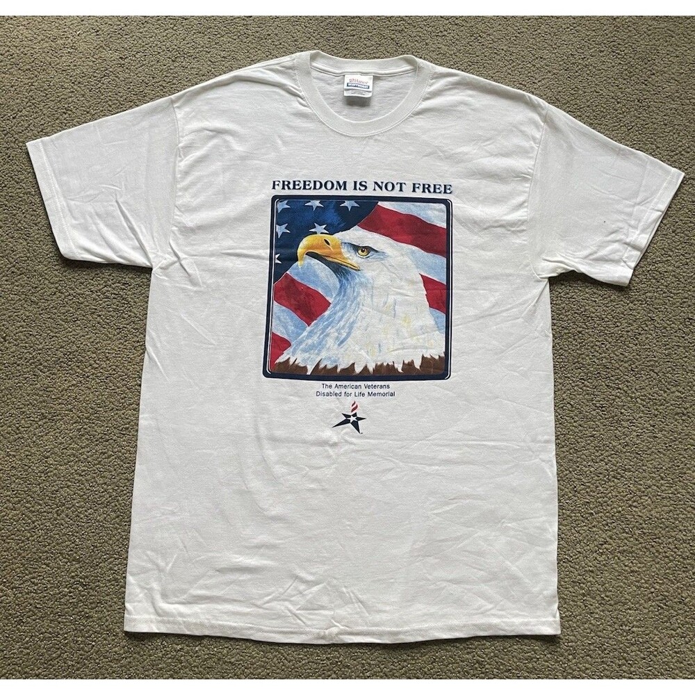Vintage Freedom Is Not Free Mens L White Tee Hanes Heavyweight Eagle Veteran 90s